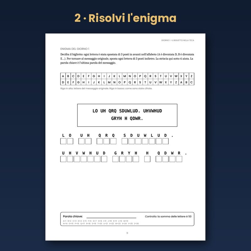 Pagina interna con l'enigma del giorno, da Il Re Magio scomparso